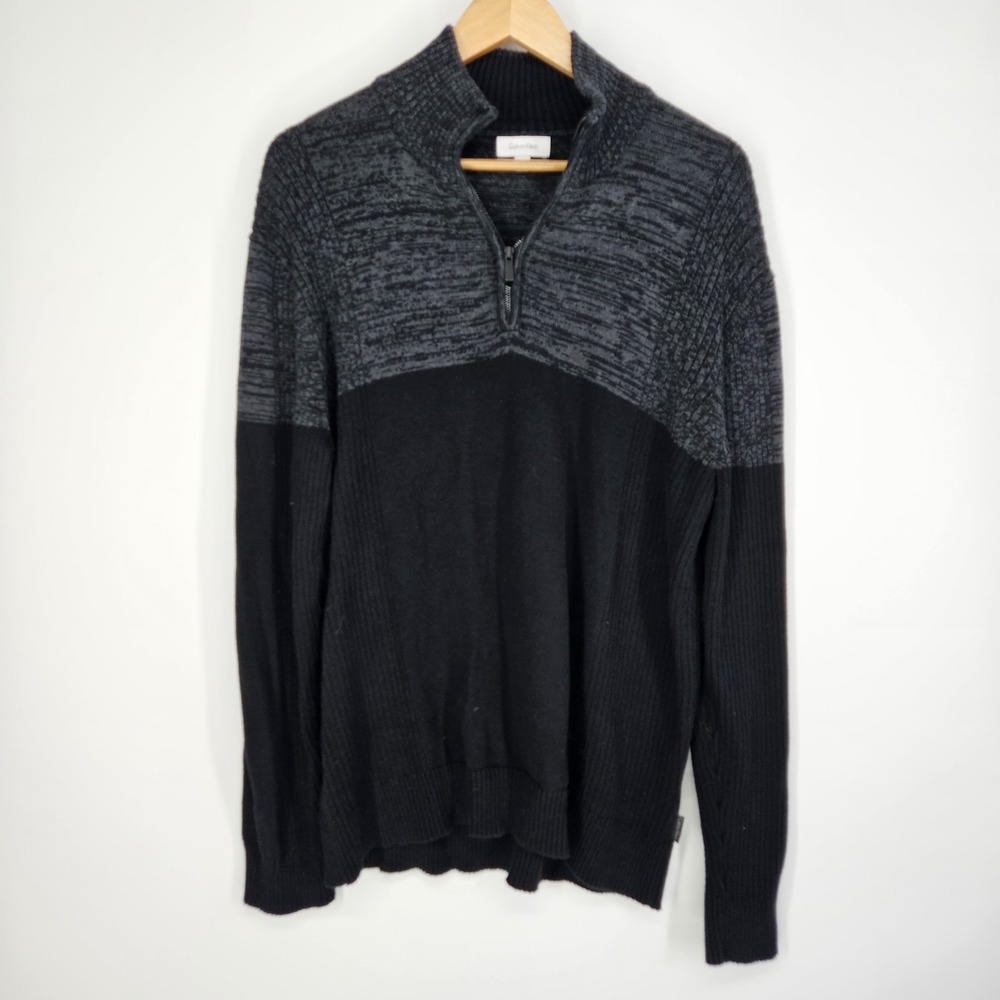Calvin Klein Sweater Mens Large‎ L Black Gray 1/4 Zip Pullover long sleeve